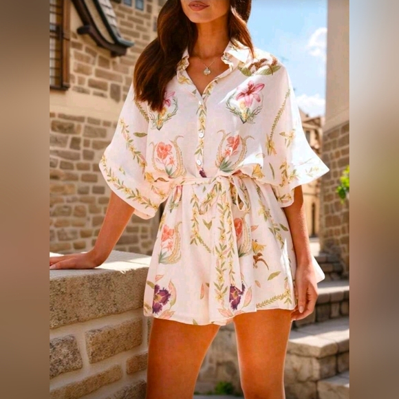 Women's Floral Print Summer Top & Shorts Set, Elegant Waist Tie Romper - Picture 3 of 5